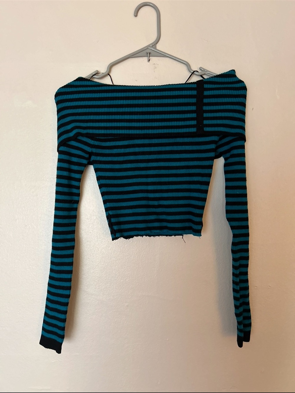 Striped Off-Shoulder Long Sleeve Knit Crop Top - Teal & Black